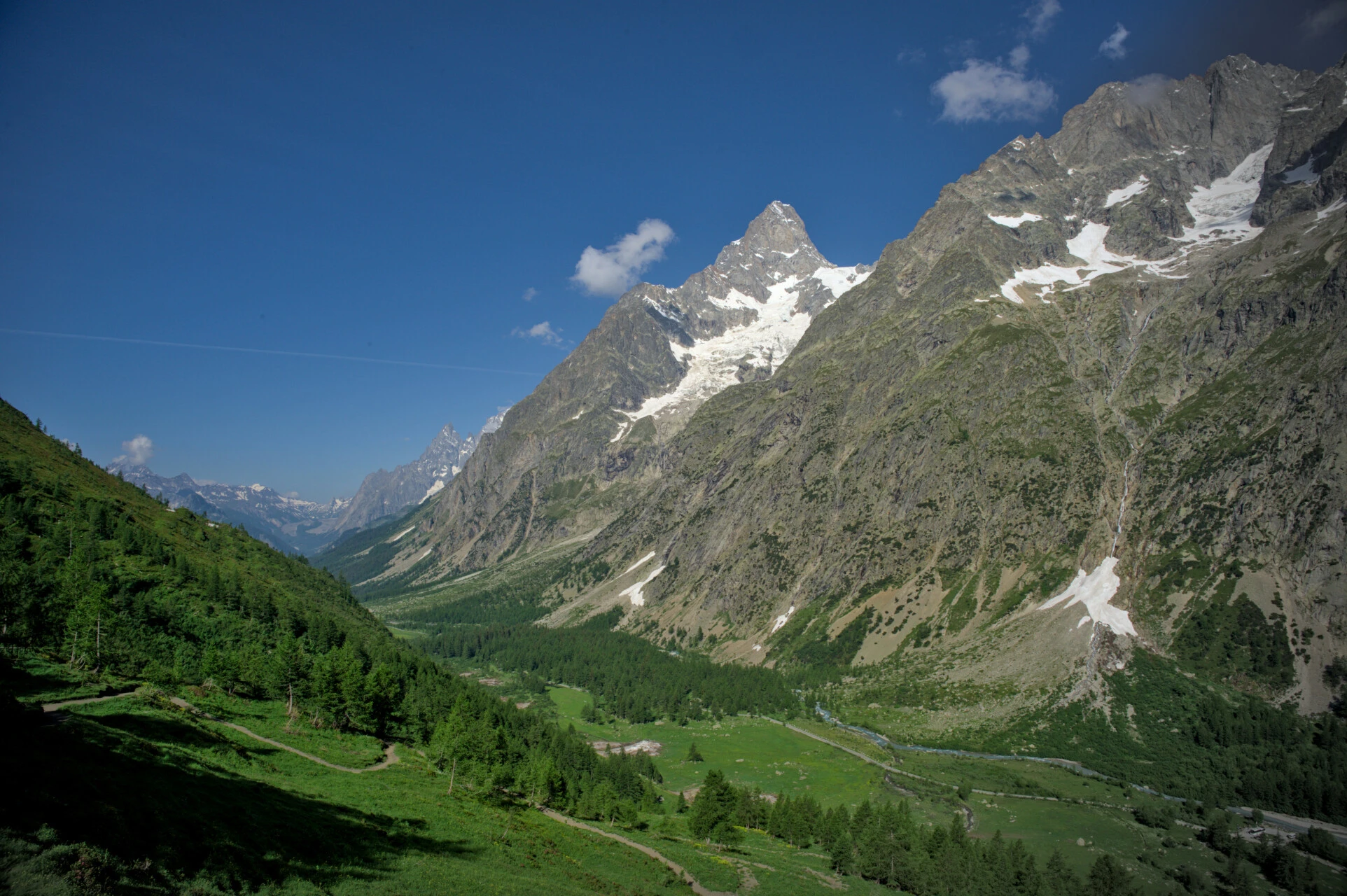 Green meadows of the Italian Val Ferret at dawn, framed by larch trees and snowy peaks