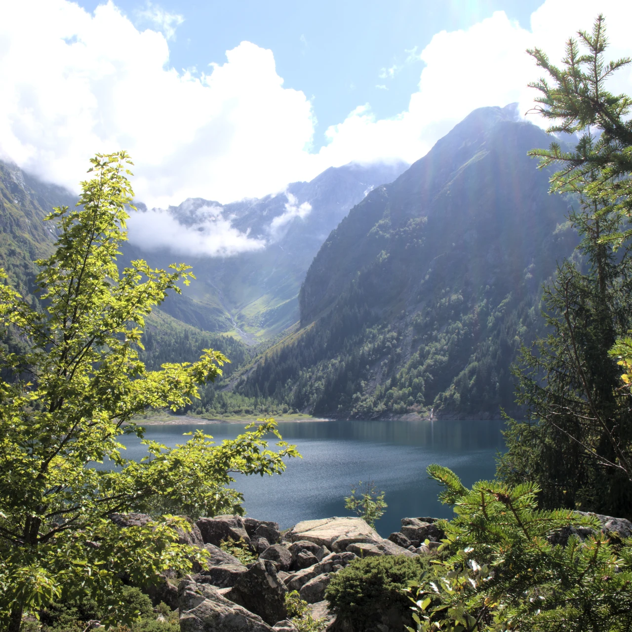 Lac de Lauvitel seen from the access trail, the largest natural lake in the Écrins massif